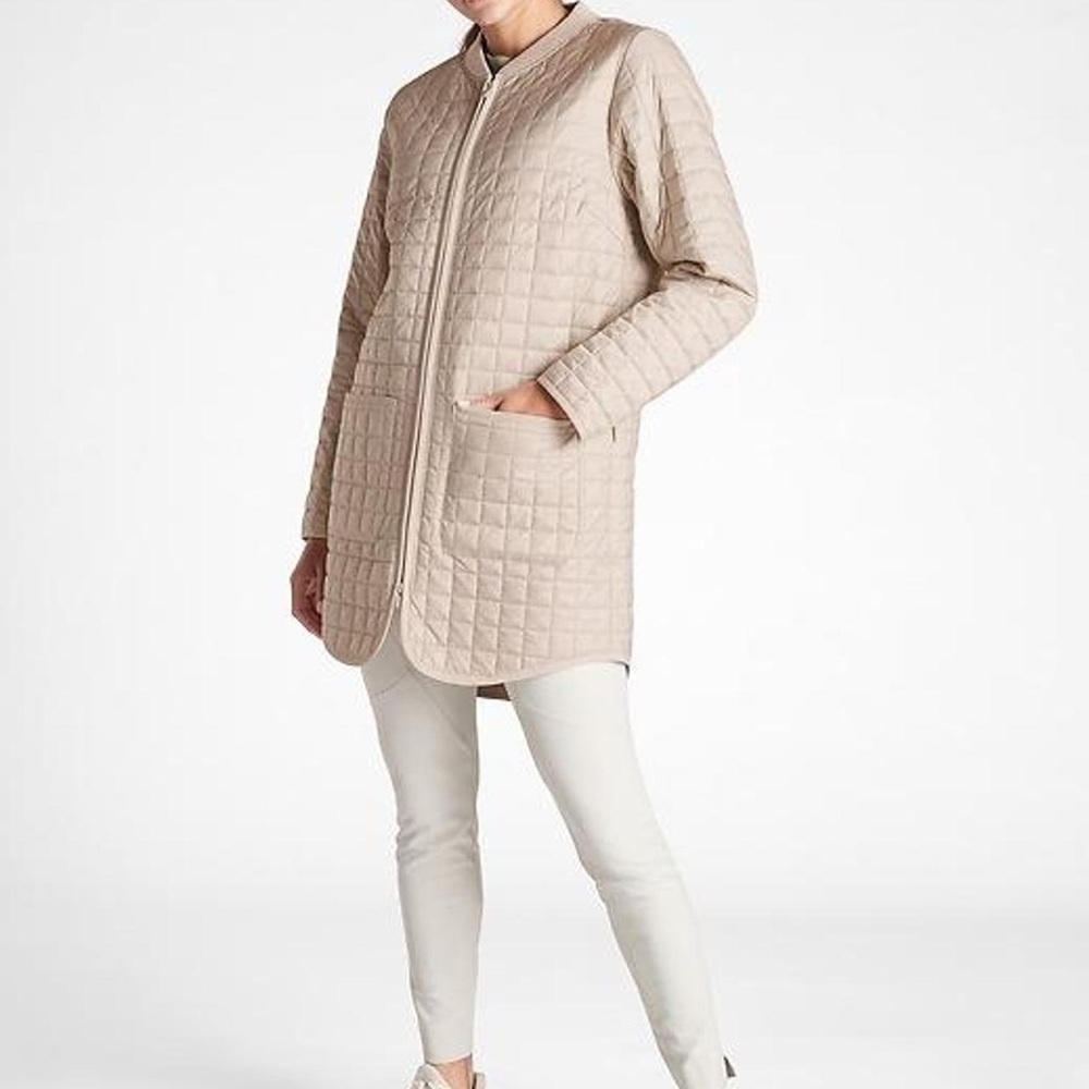 Athleta Quilted Longline Puffer Coat in Light Taupe